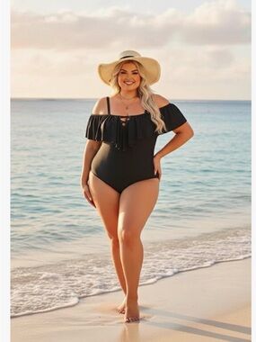 ☀️SUMMER Stock-Up☀️ Black Off-Shoulder One-Piece Swimsuit with Ruffle Detail